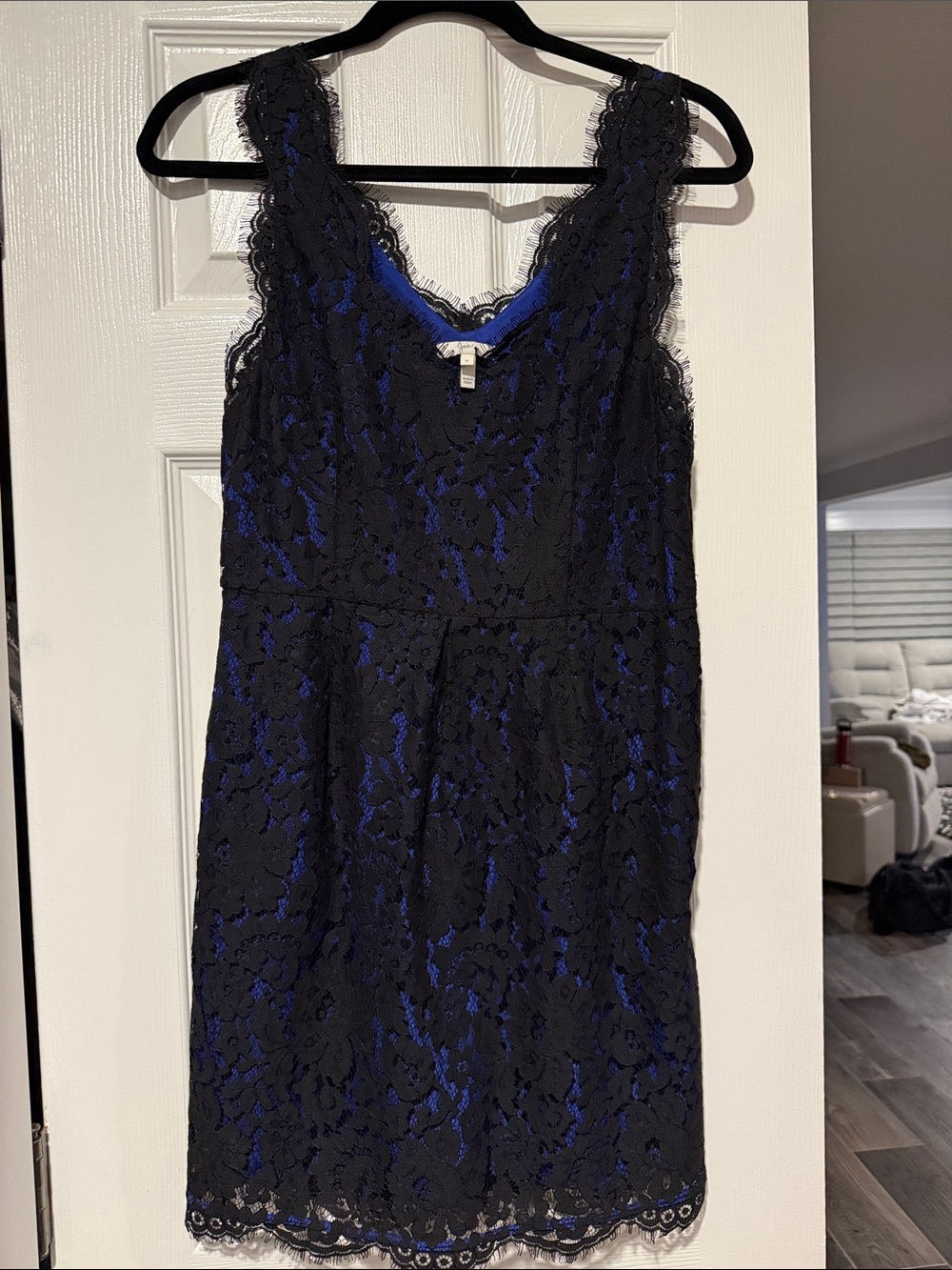 Joie Black Lace Overlay Sheath Dress with Royal Blue Lining